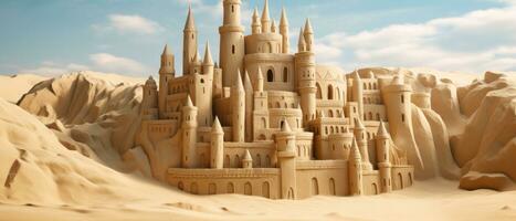 AI generated Magnificent sand castle on golden sand, with intricate towers. AI generative. photo