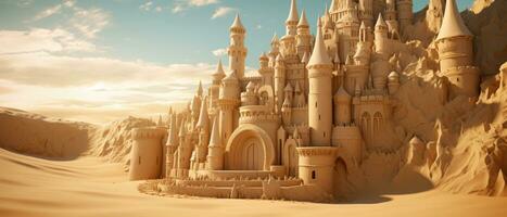 AI generated Magnificent sand castle on golden sand, with intricate towers. AI generative. photo