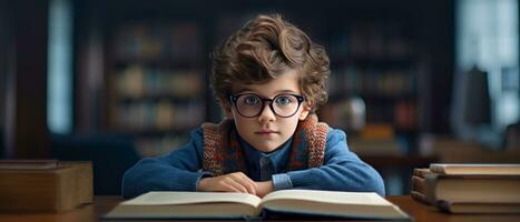 AI generated Young reader in sweater and glasses, absorbed in enchanting story,. AI generative. photo