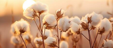 AI generated Golden sunset over cotton field. AI generative. photo