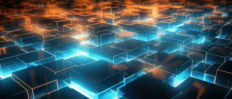 AI generated A fusion of science and art, this abstract composition combines geometric shapes and fluorescent elements to depict a digital realm. photo