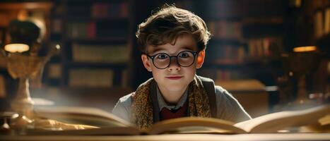 AI generated Young reader in sweater and glasses, absorbed in enchanting story,. AI generative. photo