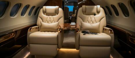 AI generated Opulent private jet interior, sleek table, elegant chairs. AI generative. photo