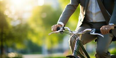 ai generado inteligentemente vestido hombre en bicicleta, vibrante al aire libre, soleado clima. ai generativo. foto