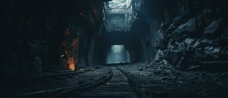 AI generated Eerie underground tunnel with abandoned train track. AI generative. photo