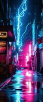 AI generated Nature's dazzling display. This abstract image captures the force of a thunderstorm, with a lightning bolt striking over the city. photo