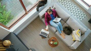 Overhead view of woman writing notes, lying on couch at home video