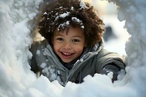 un niño jugando en el nieve. foto