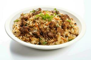 AI generated Spiced Up Goat Biryani Dish on White Background photo