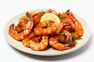 AI generated Flaming BBQ Shrimp on White Background photo