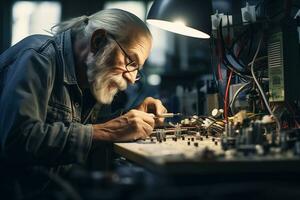 ingeniero a trabajo en electrónica circuito. foto