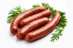 AI generated Savory Beef Sausage Delight on White Background photo