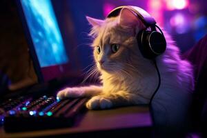 AI generated Cat with Headphones in Gaming Setup. photo