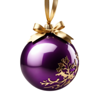 AI generated a purple christmas ball with gold ribbon png