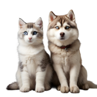 AI generated husky dog and cat sitting next to each other on transparent background png