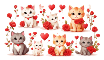 valentine's day cute cats clipart set with rose isolated png