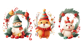 ai généré Noël dessin animé animaux avec couronnes de fleurs et décorations png