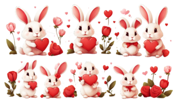 ai generado San Valentín día clipart conjunto de linda conejos participación corazones png