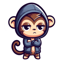 AI generated cute monkey cartoon illustration, cartoon monkey wearing a beanie sweater, sticker design, clean background png