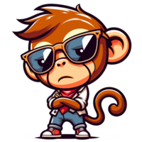 AI generated cute monkey cartoon illustration, wearing glasses, cool and arrogant style, sticker design, clean background png