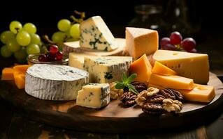 AI generated Cheese Platter on Dark Wood photo