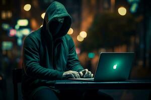 AI generated Hooded Figure Behind a Laptop. photo