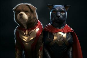 AI generated Dynamic 3D Superhero Dog and Cat. photo