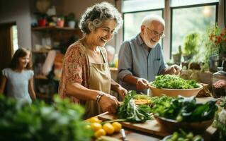 ai generado sano vegano Cocinando para personas mayores foto