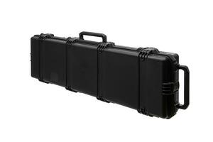 Large modern black case for storing and transporting weapons. Suitcase on wheels with soft foam inside for safe transportation of weapons. Container for rifles and shotguns. photo