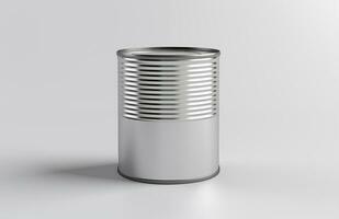 AI generated Shiny tin can. Packaging for canned products. Canned food packaging mockup. White back photo