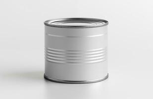 AI generated Shiny tin can. Packaging for canned products. Canned food packaging mockup. White back photo