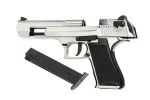 Modern semi-automatic silver pistol isolate on a white background. Short-barreled weapon. Armament for the army and police. photo