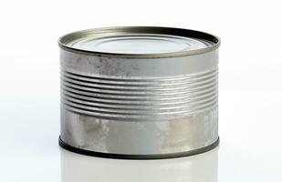 AI generated Shiny tin can. Packaging for canned products. Canned food packaging mockup. White back photo