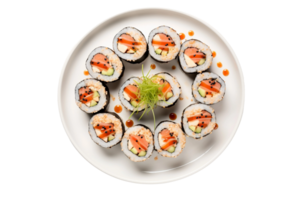 ai gegenereerd sushi broodjes Aan een wit bord geïsoleerd Aan transparant achtergrond. png