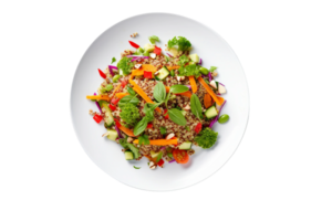ai gegenereerd voedzaam quinoa salade Aan een wit bord geïsoleerd Aan transparant achtergrond. png