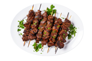 ai généré du boeuf kofta brochettes sur une blanc assiette isolé sur transparent Contexte. png