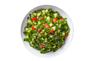 ai generato piccante tabbouleh insalata nel un' bianca piatto isolato su trasparente sfondo. png