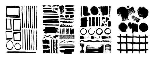Big collection of vector grunge elements. Hand drawn set of stains, stains, blots, stamps, splatters, brush marks, brush strokes and smears by liquid ink
