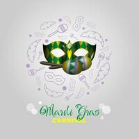 Mardi Gras poster with a mask and maracas surrounded by mardi gras elements in outline style vector