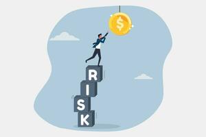 High risk high return concept, businessman stand on stacks of risk boxes to get reward, prospects of higher return in higher risk vector