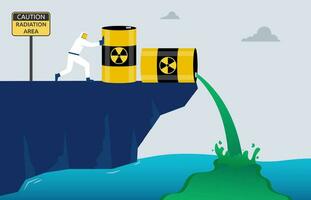 Worker dump radioactive waste into the sea, hazardous waste water pollution, global concern for human and environment health, harmful material contamination vector