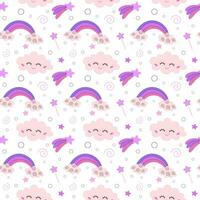 Cute magic sky clouds and stars seamless pattern and fairy tale objects, fantasy characters. Fabulous background for children textiles, wallpapers, cute cloud, sleep and dreams. vector