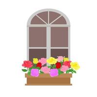 ventana y balcón flor caja con rosas vector