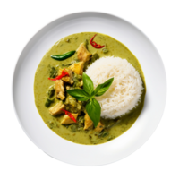 ai gerado Careca Visão do uma delicioso verde Curry com jasmim arroz em transparente fundo. png