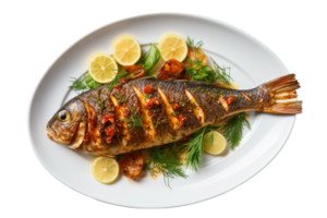 ai generato grigliato pesce con erbe aromatiche su un' bianca piatto isolato su trasparente sfondo. png