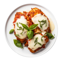 AI generated Chicken Parmesan on a White Plate on Transparent Background. png