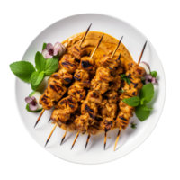 AI generated Chicken Satay on a White Plate on Transparent Background. png