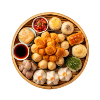 ai généré assorti faible somme plat avec Dumplings et petits pains sur transparent Contexte. png