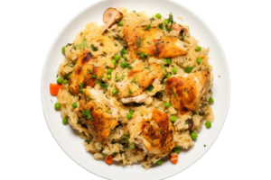 ai généré réconfortant poulet et riz casserole sur une blanc assiette isolé sur transparent Contexte. png