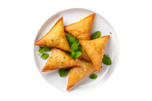 ai gerado crocantes samosas com salgado o preenchimento em uma branco prato isolado em transparente fundo. png